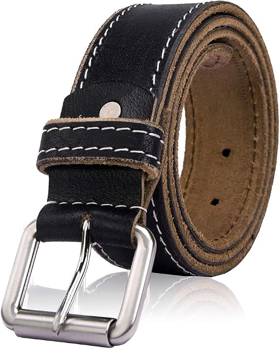 Mens Genuine Leather Full Grain Stitched Buckle Casual Belt for Trousers Jeans