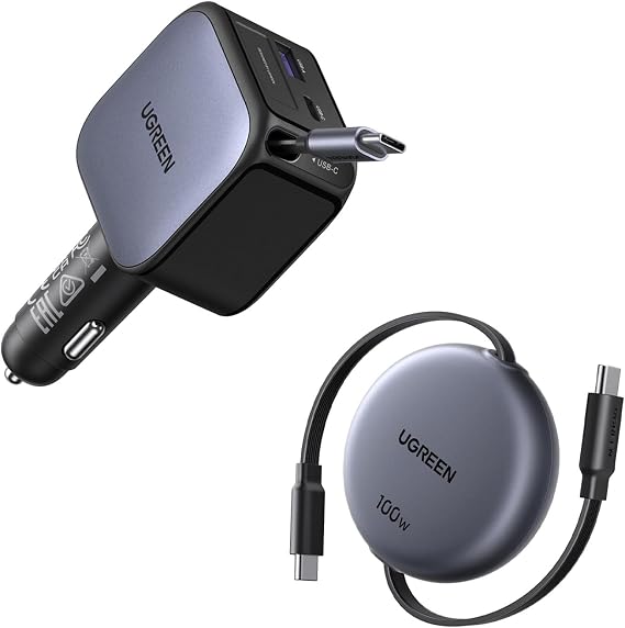 UGREEN 60W 2C1A Retractable Car Charger Bundle with 100W Retractable USB C Cable