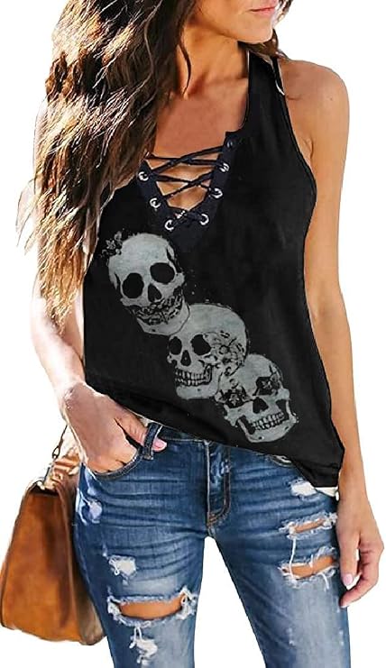 Fensajomon Skull Shirt for Women V Neck Sleeveless Summer Workout Tank Top