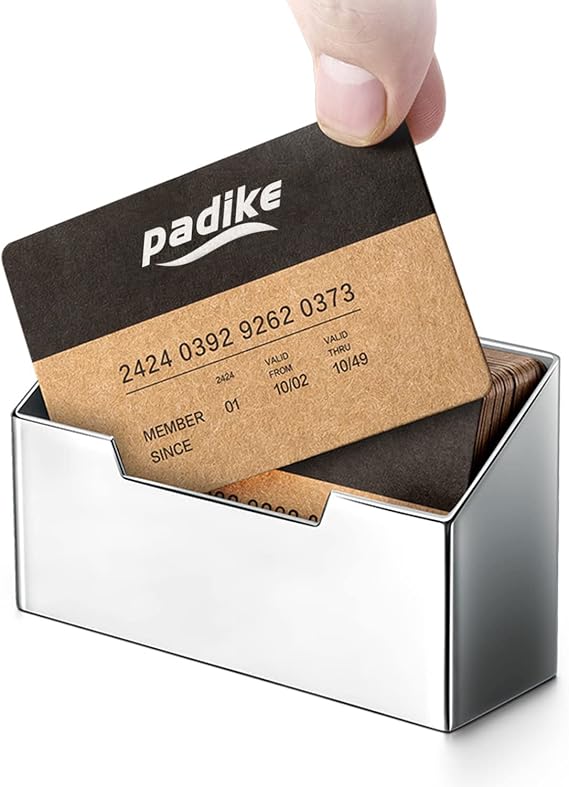 Padike Stainless Steel Business Card Holder - Brushed Metal Desk Organizer for Office & Home, Modern Business Card Stand Display (Holds 50 Cards) - Minimalist & Durable