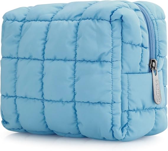 E-Tree Cute Makeup Bag,Quilted Cosmetic Bag,Make up Pouch for Purse,Toiletry Zipper Pouch,Checkered Bag,Travel Case,Storage Pouches for Organization (Blue)