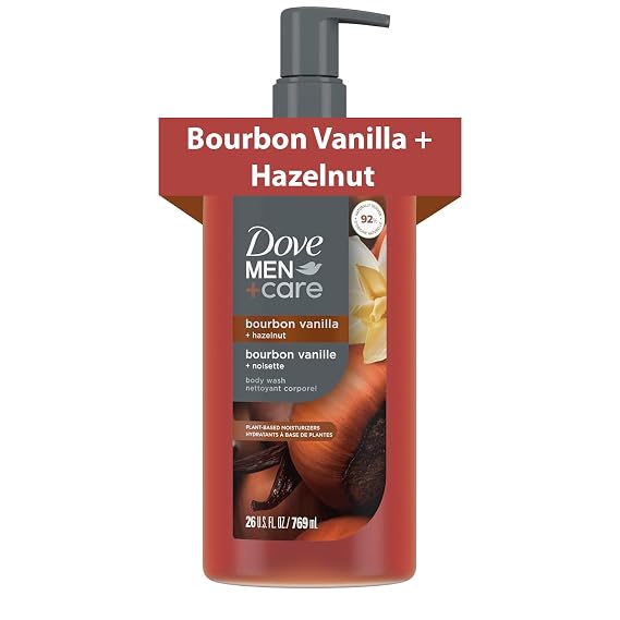Dove Men Moisturizing Body Wash, Bourbon Vanilla + Hazelnut, 26 oz | Helps Nourish and Hydrate Skin, With Plant-Based Moisturizers, For Daily Showers