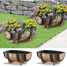 YI 2 Pack Rustic Half Barrel Planters, 16.34x11.81x7.28 Inches Plastic Weather Resistant Plant Flower Pot Indoor & Outdoor Garden Planter