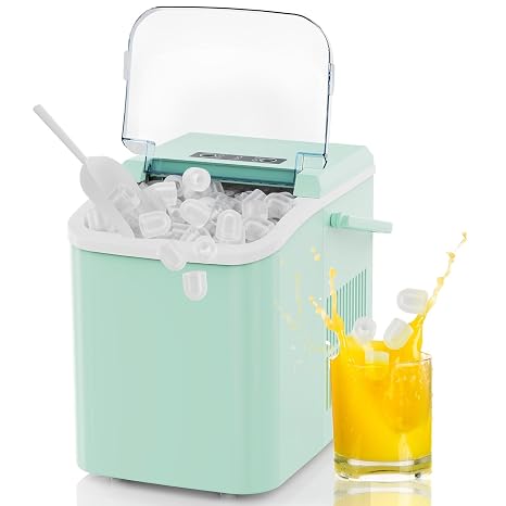 NEWBULIG Countertop Ice Maker Machine with Handle, Portable Ice Maker | Produces 9 Cubes in 6 Minutes, 26 lbs per 24 Hours, Includes Basket & Scoop, for Home Kitchen RV Camping Party, Green