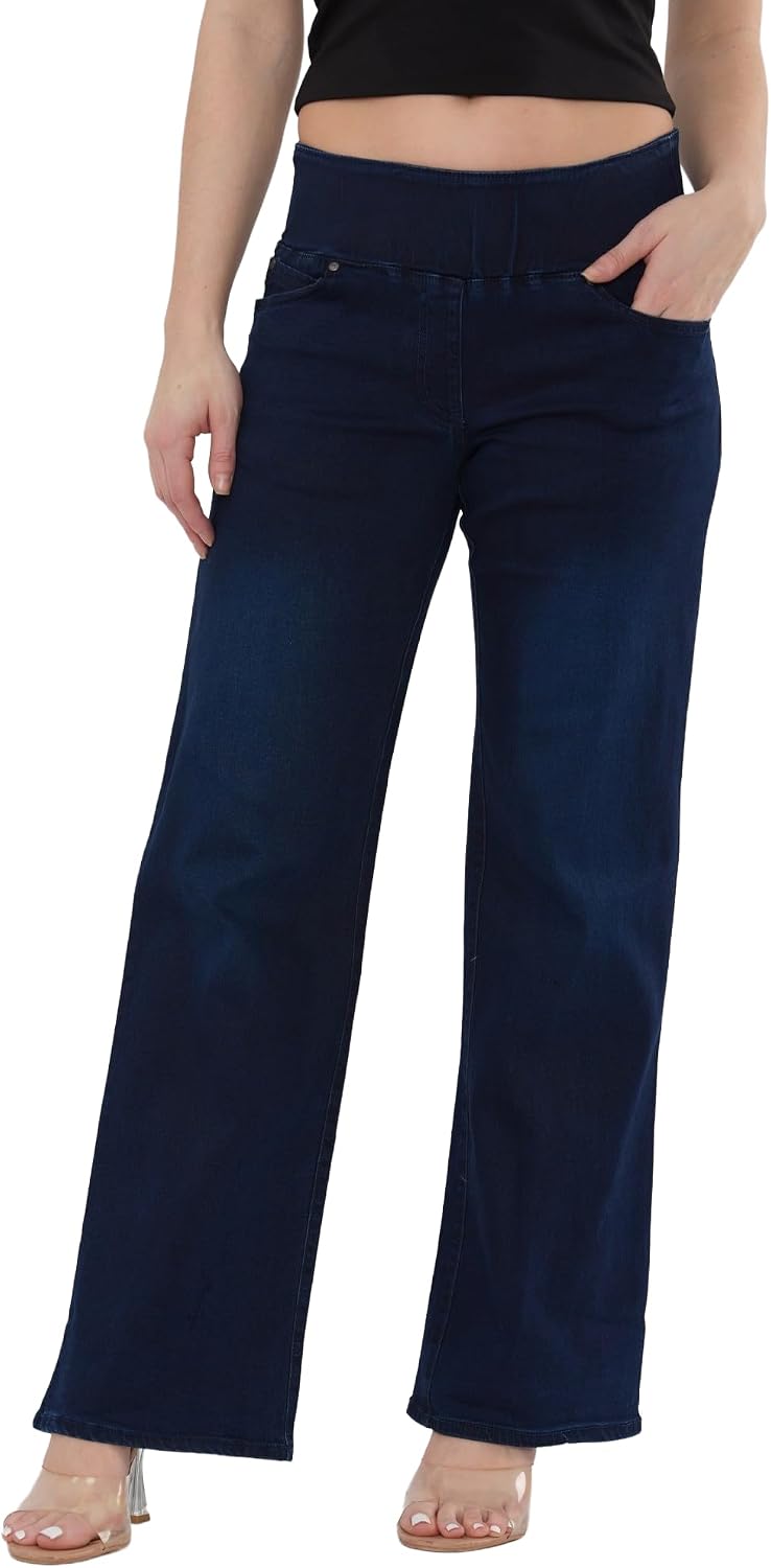 MYT Women’s Elasticated High Waist Wide Leg Jeans – Tummy Control Stretch Denim Comfortable Pull-On Fit All Waist Leg Sizes UK 10-24