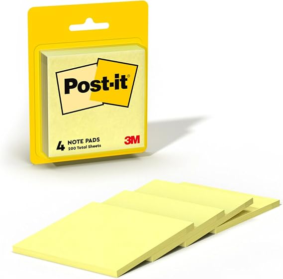 Post-it Notes, 3 in x 3 in, 4 Sticky Notes Pads, 50 Sheets per Pad, The Iconic Canary Yellow Note, School Supplies and Office Products
