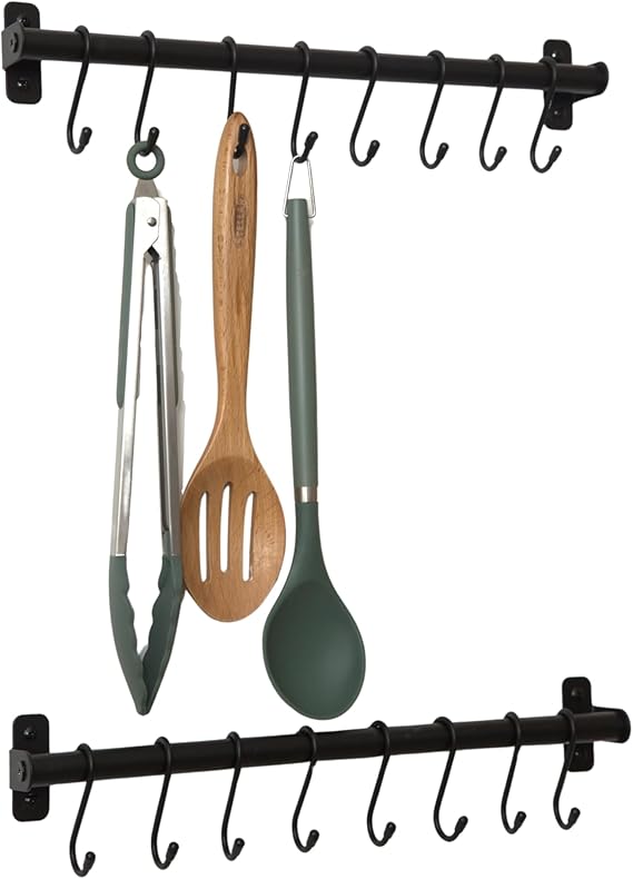 simplywire - Kitchen Utensil Holder and Organiser - Pack of 2 - Black | Wall Mounted Rail Pan Rack - 16 Hanging Hooks