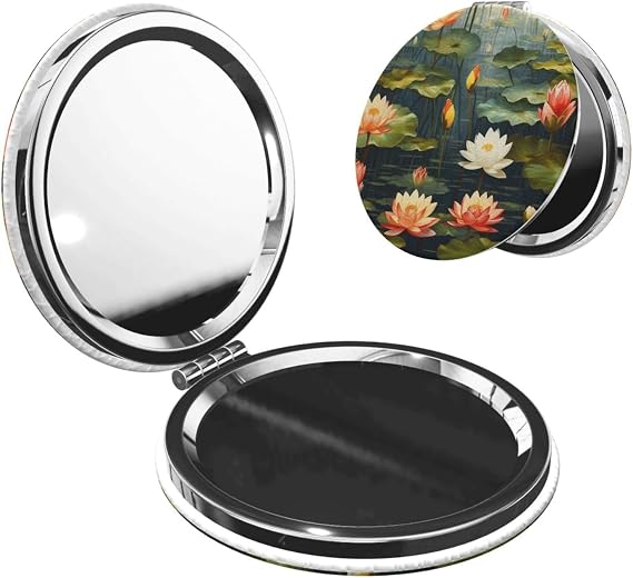 Handheld Compact Makeup Mirror for Pocket Purse, 1x/2x Magnifying Double-Sided Cosmetic Mirror, Mini Foldable Travel Mirror Pu Leather Flower Pond Vanity Mirrors Gift