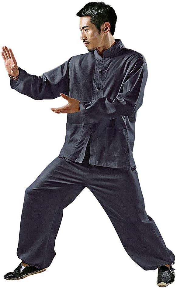 KSUA Mens Martial Arts Uniform Kung Fu Clothing for Martial Arts Chinese Casual Long Sleeve Cotton Linen Yoga Top
