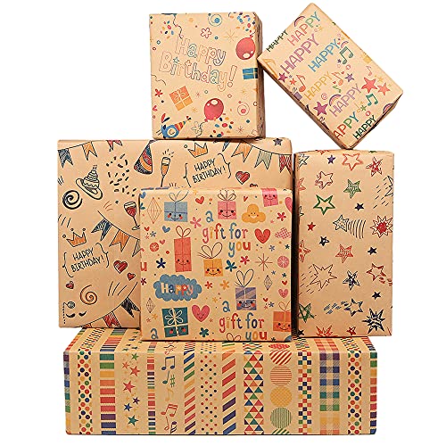Happy Birthday Wrapping Paper for Kids Girls Women Adults Boys Men, Kraft Brown Recycled Gift Wrapping Paper 20x28 Per sheet12 sheets:45 sq.ft.ttl. w Jute Strings, Stickers and Tags for all Celebrate Occasion