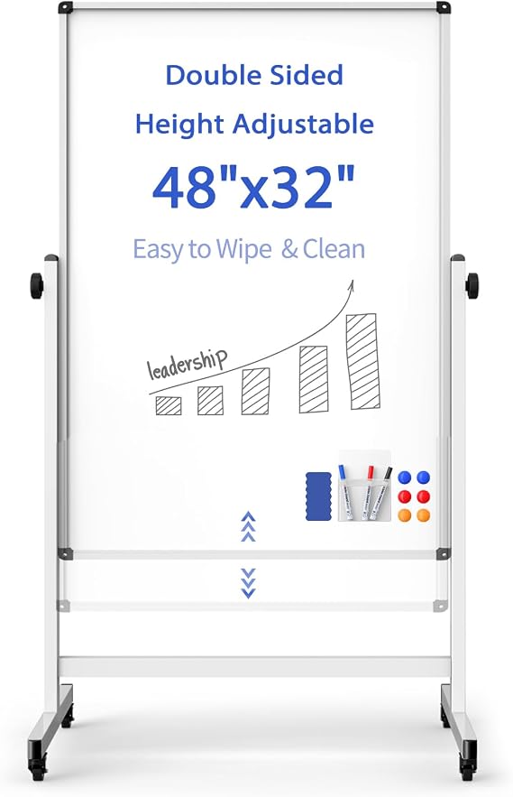 48x32 Rolling Whiteboard on Wheels, Double Sided Magnetic Dry Erase Board