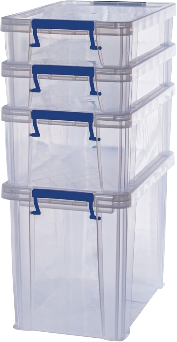 Bankers Box Plastic Storage Boxes with Lids, Pack of 4, 2x 5.5 Litre + 1x 18.5 Litre + 1x 10 Litre. ProStore Strong Stackable Plastic Storage Boxes, Made in the UK, Clear