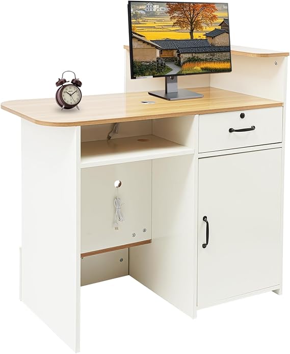 Modern Reception Desk, Reception Desk Reception Stations with Open Shelf & Drawers, Business Work Front Desk with Open Storage Shelves & LED Light for Office Reception Room (Right)