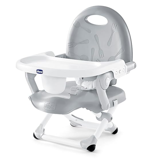 Chicco Pocket Snack Portable Booster Seat for Babies and Toddlers with 3 Height Adjustments, Secure Attachment to Dining Chairs, Easy-to-Clean, for Children up to 50 lbs. | Grey/Grey
