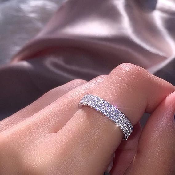 925 Sterling Silver Shiny Full Diamond Ring Classic Three Rows Cubic Zirconia Rings CZ Diamond Ring Eternity Fashion Band Ring for Women (US Code 7)