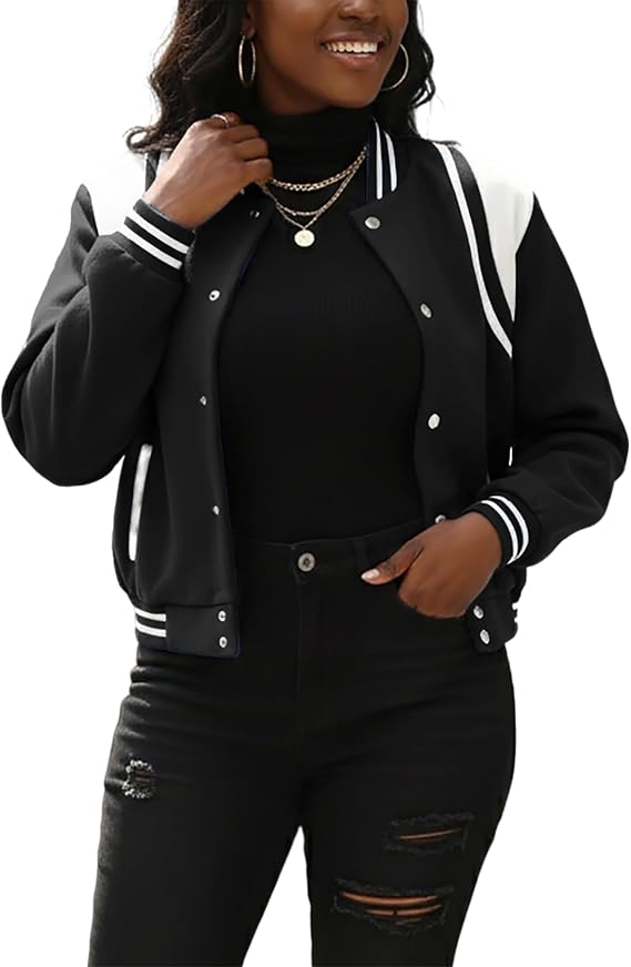 Fooullaide Womens Croped Bomber Long Sleeve Button Down Varsity Jacket