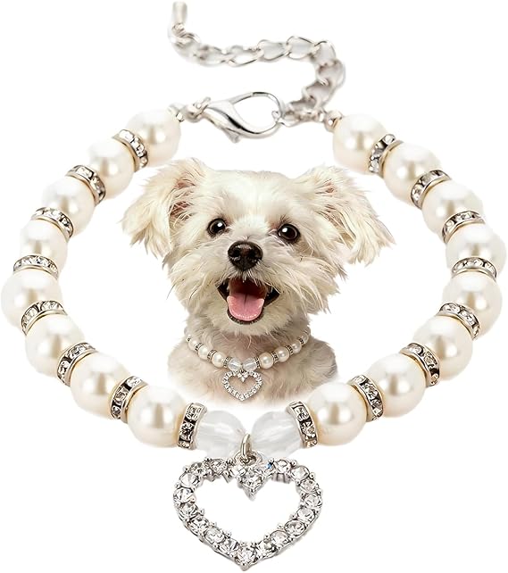 White Beaded Dog Collar, Pearl Cat Necklace with Crystal Heart Pendants, M