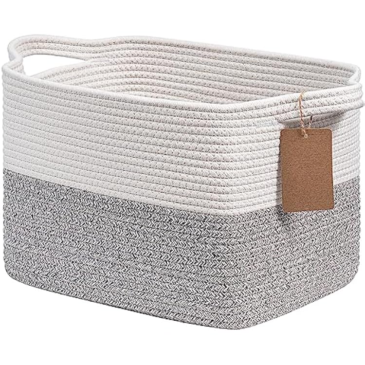 Goodpick Woven Storage Basket, Small Laundry Basket for Clothes, Towels and Shoes, Rope Square Gift Organizer with Handles, Gray and White, 13 x 10 x 9 Inches