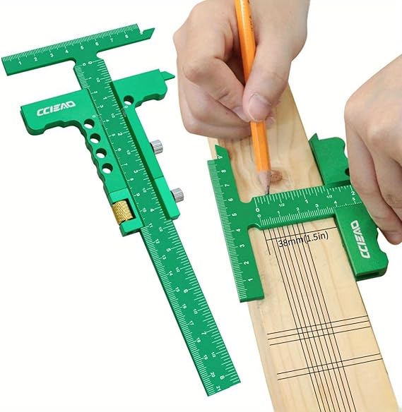 T Shaped Carpenter Layout Scriber with Fine Tuning, Precision Multi-function Marking Measuring Gauge, Metric & Inch Sliding Marking Gauge Woodworking