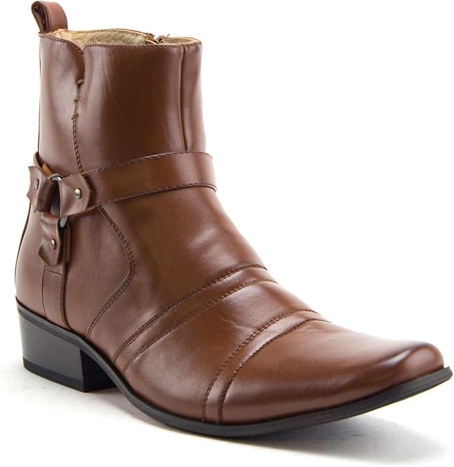 Jazame Cowboy Boots for Men Western Style Ankle High Motorcycle Riding Pointy Toe Moto Dress Boots Men's Cross Design w/Buckle