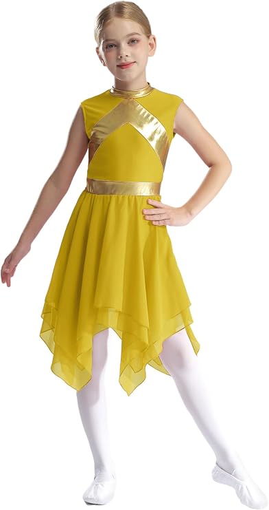 Kids Girls Sleeveless Lyrical Dance Dress Metallic Liturgical Worship Dance Costumes Tunic Dancewear