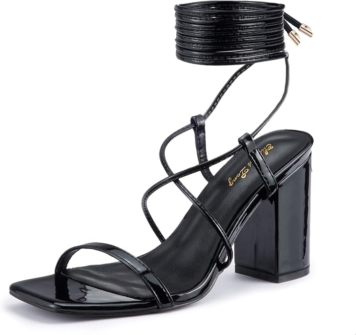 Elisabet Tang Women's Strappy Chunky Heels Sandals, 3 inch Low Block Heels Lace Up Ankle Wrap Heels Square Open Toe Tie Up Heeled Sandals Shoes
