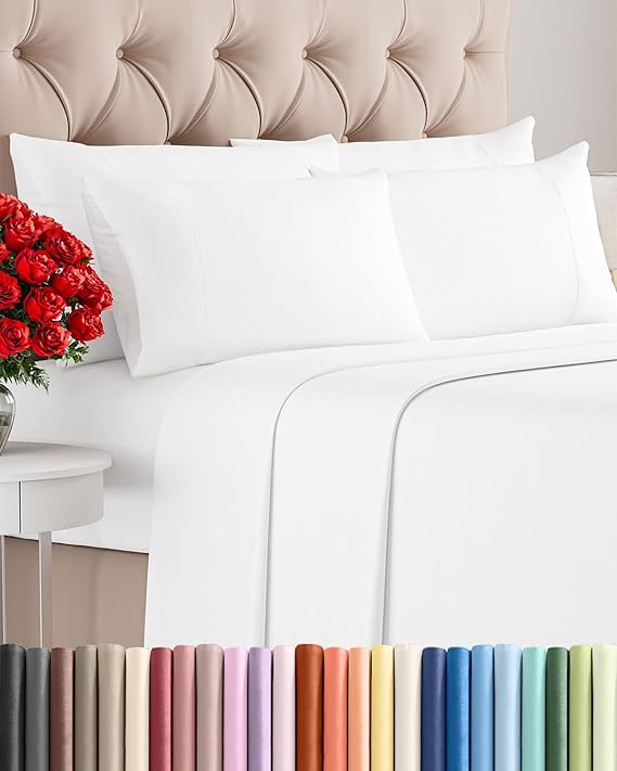 Full 6 Piece Bed Sheet Set - Comfy, Breathable & Cooling Sheets - White | Ultra-Soft Hotel Luxury Bedding Set with 8-16 Inch Deep Pockets, 1 Flat & 1 Fitted Sheet & 4 Pillowcases, Wrinkle & Fade Free