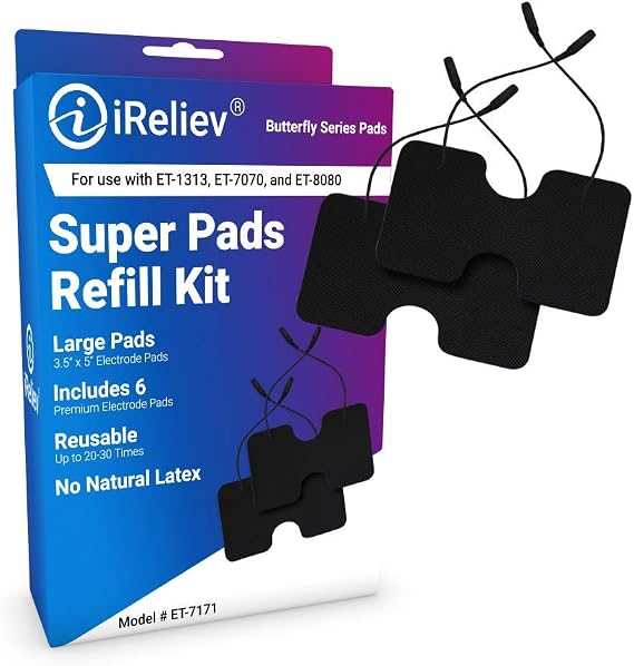 iReliev Wired Super Pads Refill Kit, Model ET-7171 - (6) XL 3.5" X 5" Electrode Pads, Premium Gel Made in The USA