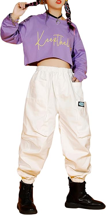 Happy Cherry Girls' Hip Hop Costume 2 Piece Dance Outfits Cropped Top Joggers Pants Clothes Set