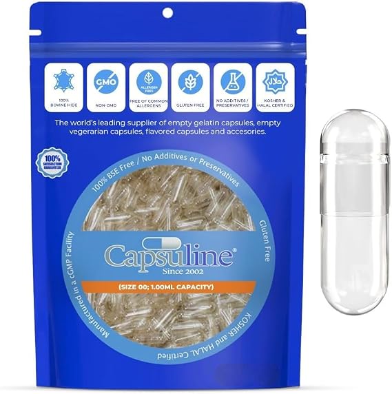 Capsuline Size 00 Separated Empty Gelatin Capsules, Clear - 50000 Count | Gluten Free, Kosher, Non-GMO Certified | Pure Bovine Pill Caps for DIY Supplement Filling