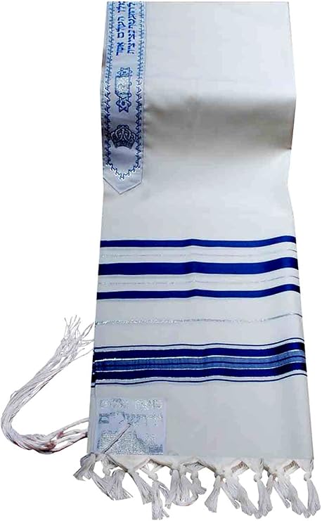 Virgin Wool Tallit Prayer Shawl Blue and Silver Stripes in Size 18" Long and 72" Wide