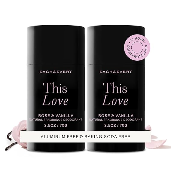 Each & Every Aluminum Free Deodorant for Women & Men Natural Fragrance 72-Hr Odor Protection, Non-Toxic Deodorant for Sensitive Skin, EWG Verified, Baking Soda Free - Rose & Vanilla 2 Pack, 2.5oz
