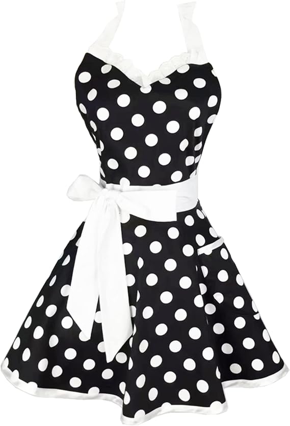 Hyzrz Lovely Sweetheart Retro Kitchen Aprons Woman Girl Cotton Polka Dot Cooking Salon Dress Pinafore Vintage Apron Mothers Gift (Black)