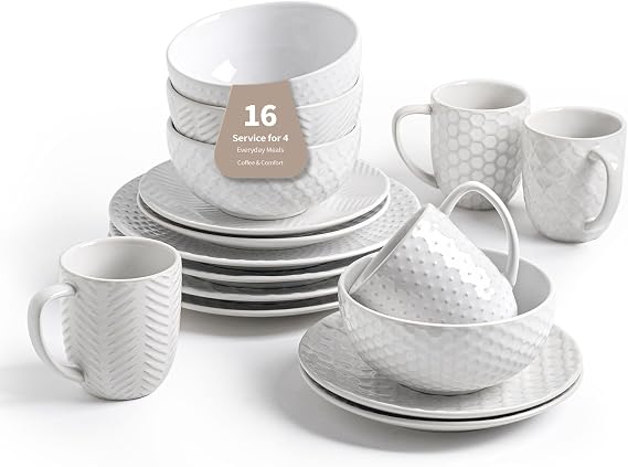 FOBENTA 16-Piece Ceramic Dinnerware Set with Mugs,Plates and Bowls Set for 4 with Coffee Mugs,Elegant Dish Set for Everyday Dining