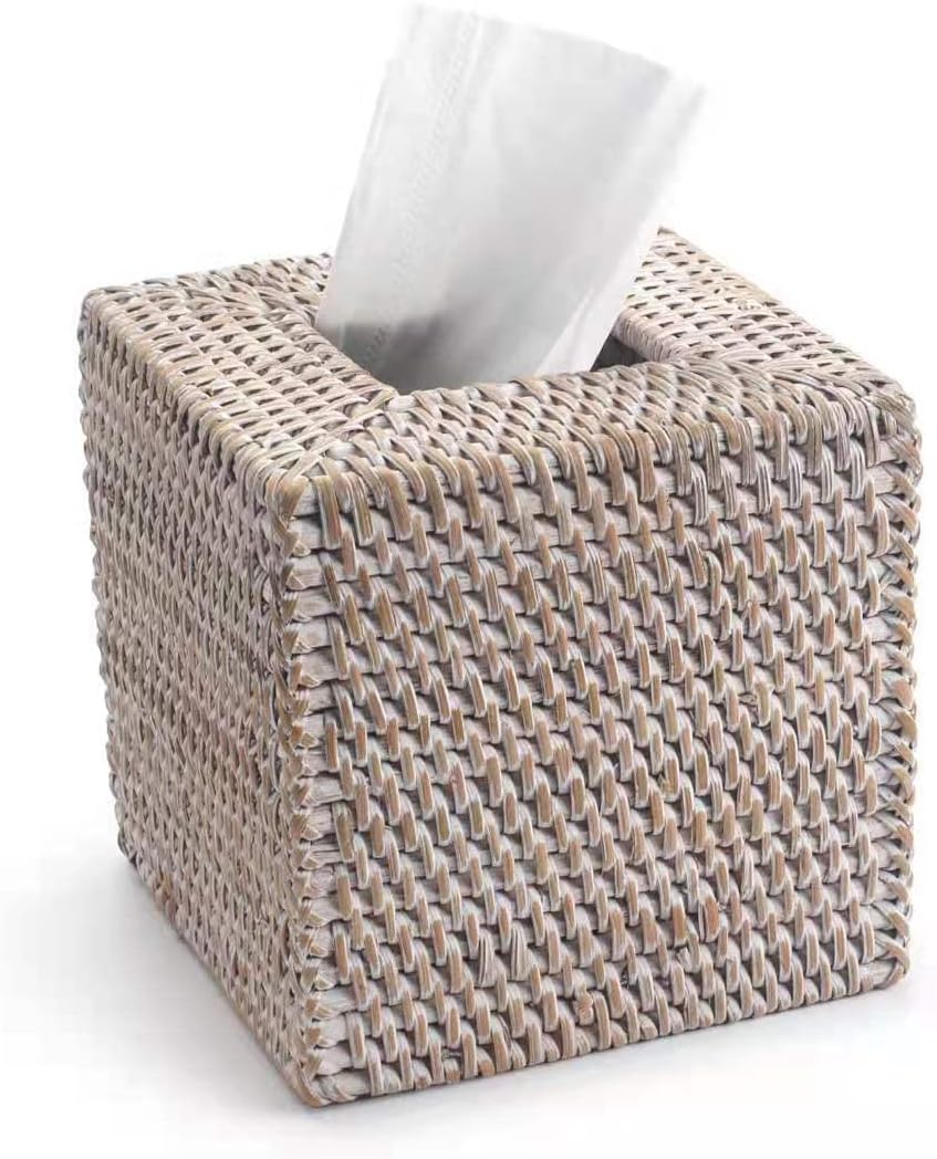 YANGQIHOME Rattan Tissue Box Cover Square, Hand Woven Wicker Tissue Holder, 14.5 x 14.5 x 14.5 cm, Whitewash