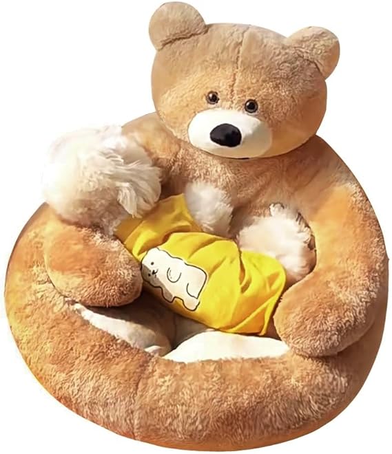Cute Bear Hug Design Dog Cat Beds Plush Pet Beds Cuddler, Warm Soft Calming Dog Beds with Removable Washable Cover Non-Slip Bottom (Diameter 22 in, Khaki)
