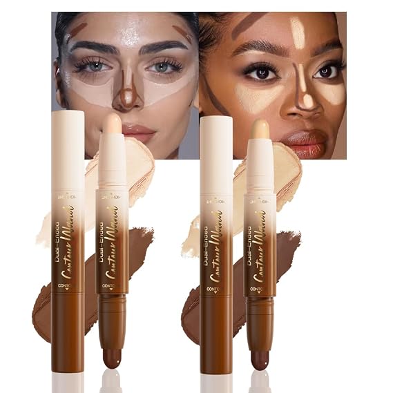 FeiCuiYun 2Pcs Dual-Ended 2-in-1 Cream Contour & Highlighter Stick Makeup For Face & Body Waterproof, Long-Lasting, Suitable for All Skin Tones, (02+04)