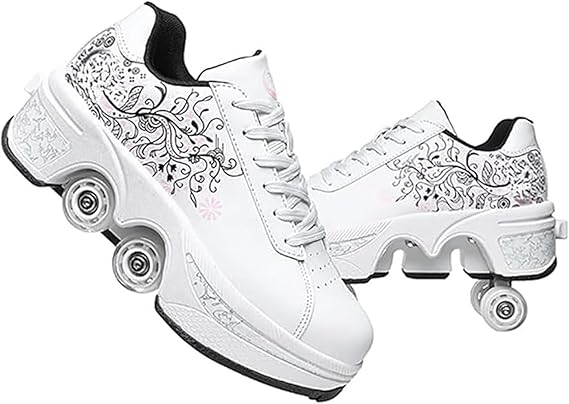 Roller Skate Shoes for Men Women, 2-in-1 Double-Row Deform Wheel Roller Skates, Boy Girl Sneakers with Removable Wheels, Indoor Outdoor Skates Shoes