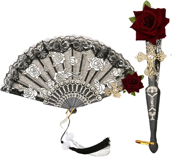 Loizziuy Vintage Gothic Grunge Palace Lace Fan Dark Ornate Retro Rose Folding Fan for Tea Party Aesthetic Stuff K-pop Cosplay Weird Fiction (Black)