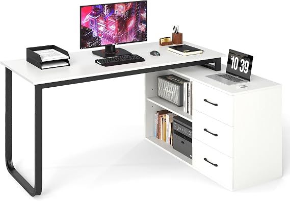 COSTWAY L-Shaped Computer Desk, 140cm Large Corner Desk Working Writing Study Table with 3 Drawers & 3 Storage Shelves, Modern Wooden Home Office PC Laptop Gaming Workstation (White)