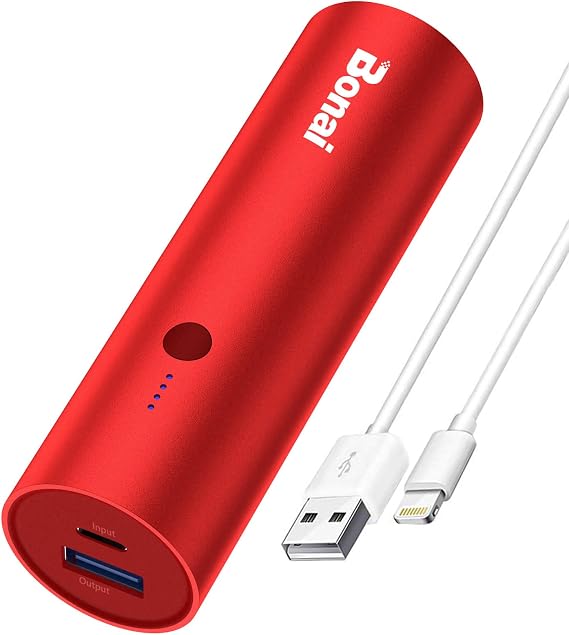 BONAI Portable Charger Power Bank 5000mAh (Ultra-Compact)(Aluminum)(Travel) Slim External Backup Battery Pack High-Speed Output Compatible with iPhone 14 13 12 11 Android Phone and More- Red