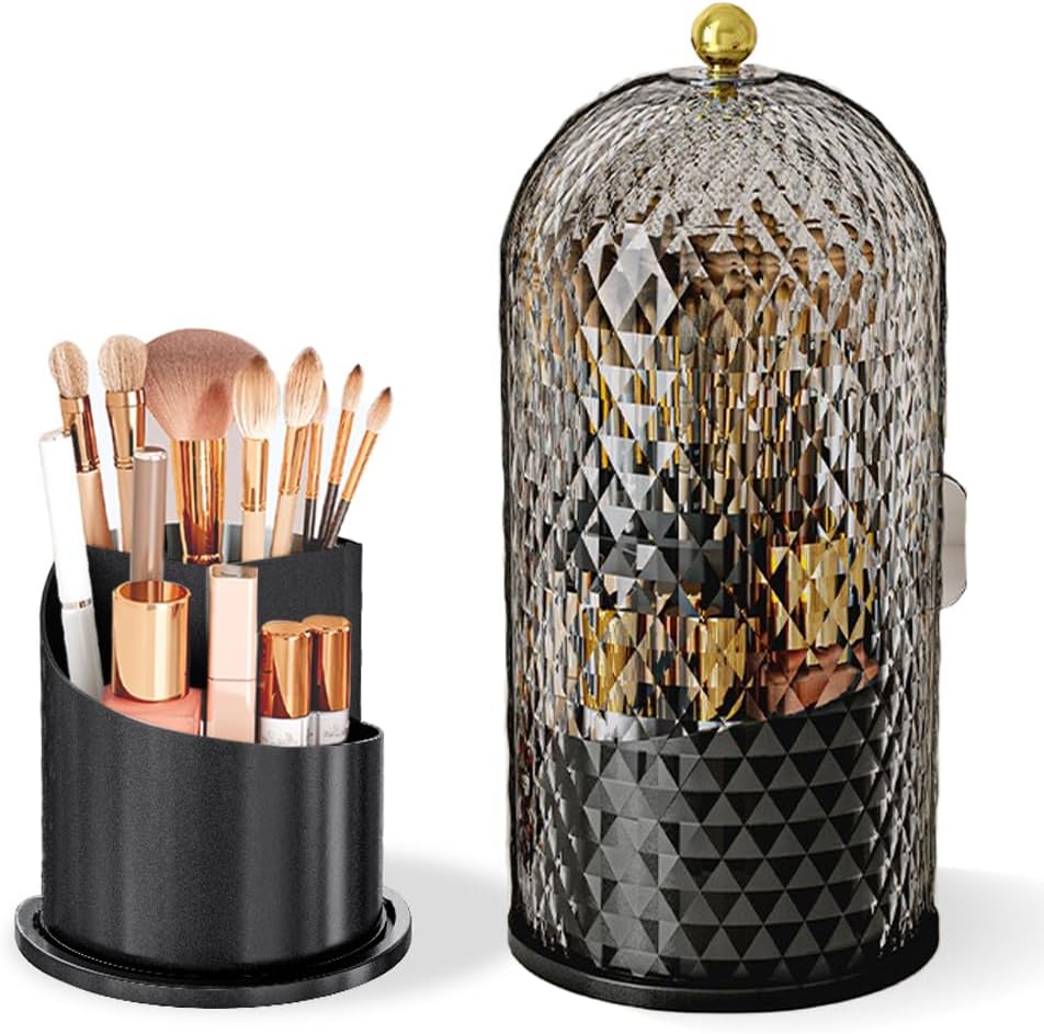 Makeup Brush Holder with Lid, 360 Rotating Multifunction Clear Dustproof Skincare Cosmetic Tools Storage Organizer for Vanity Desktop Bathroom Countertop Black