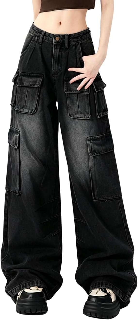 Baggy Cargo Jeans for Women High Waisted Wide Leg Grunge Y2K Pants | Cargo Pants with Pockets,Baggy Jeans for Women Girls Trendy,Grunge Boyfriend Clothes,Oversized Streetwear,Loose Fit Denim