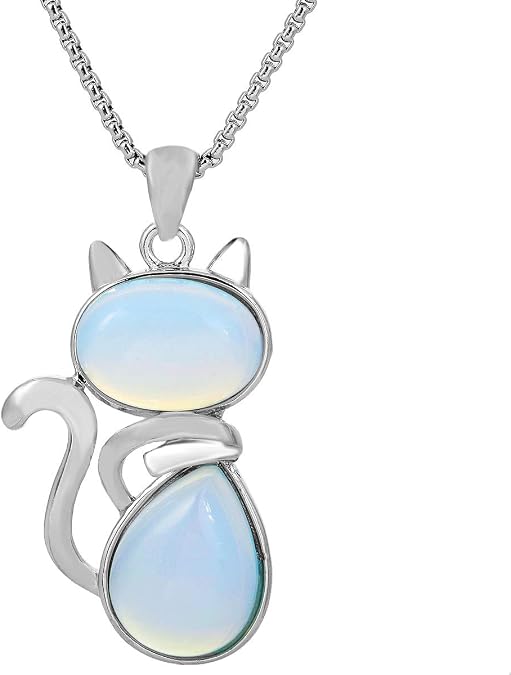 TUMBEELLUWA Natural Crystal Cat Necklace Cat Lover Gift for Women Men | Cat Necklace for Protection, Lucky Charm Amulet, Healing Crystal Necklace, 19.86" Stainless Steel Chain, Animal Jewelry