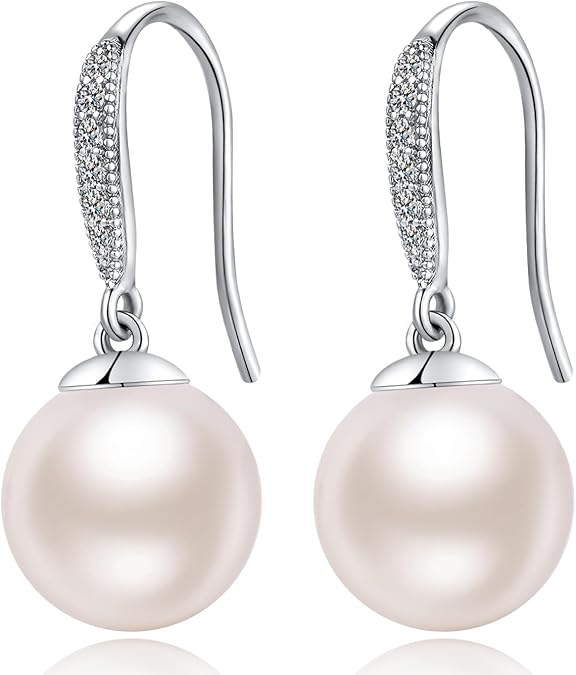 Jiamiaoi 18k White Gold Plated Pearl Earrings, 925 Sterling Silver Pearl Drop Earrings for Women, Trendy Hook Jewelry