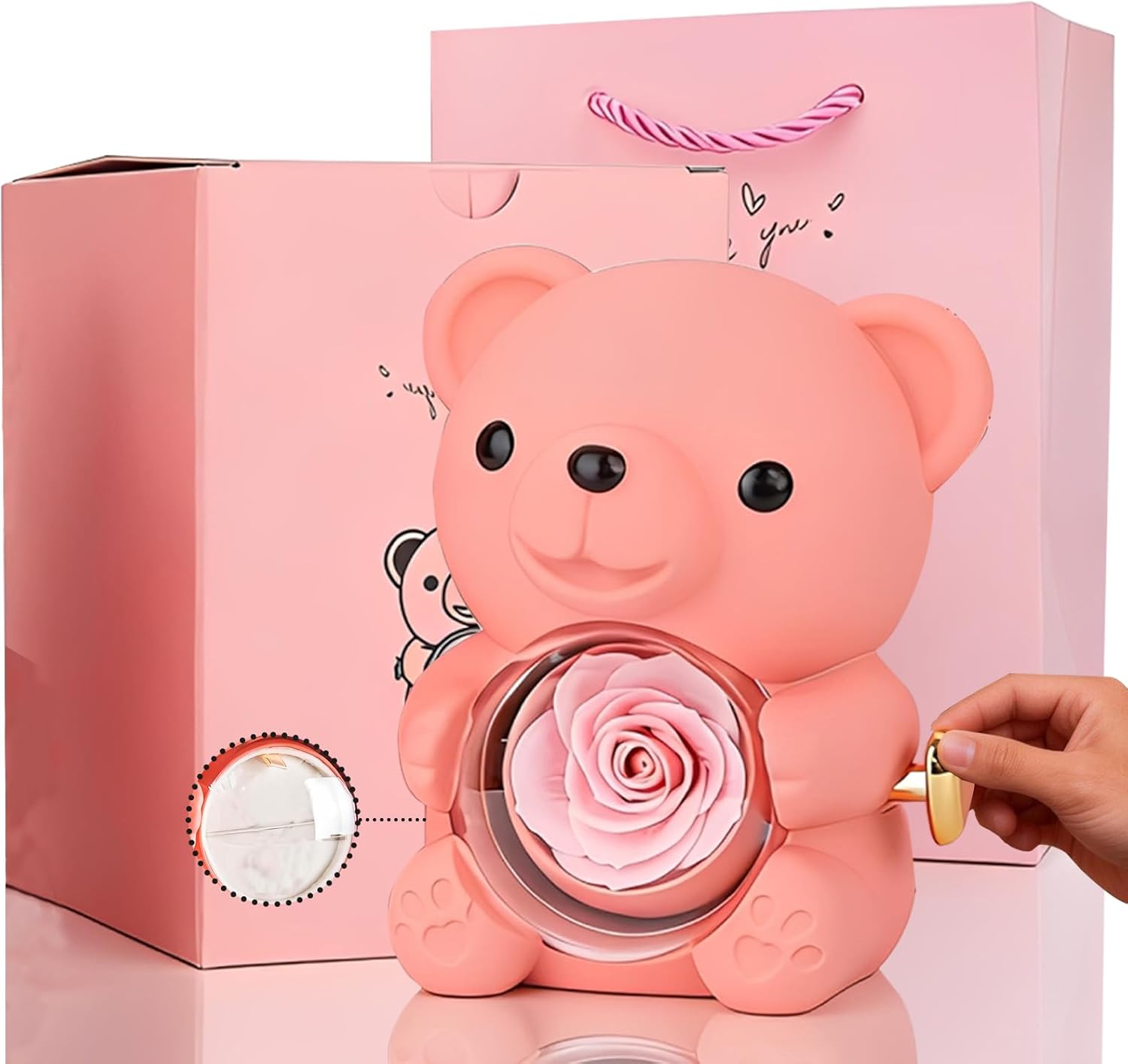 yayafunfun Pink Romantic Teddy Bear with Preserved Rose Heart, Hidden Jewelry Box, Eternal Pink Rose Teddy Bear Gift for Women Girl Valentines Day, Mother's Day, Birthday,Wedding, Bridal Shower