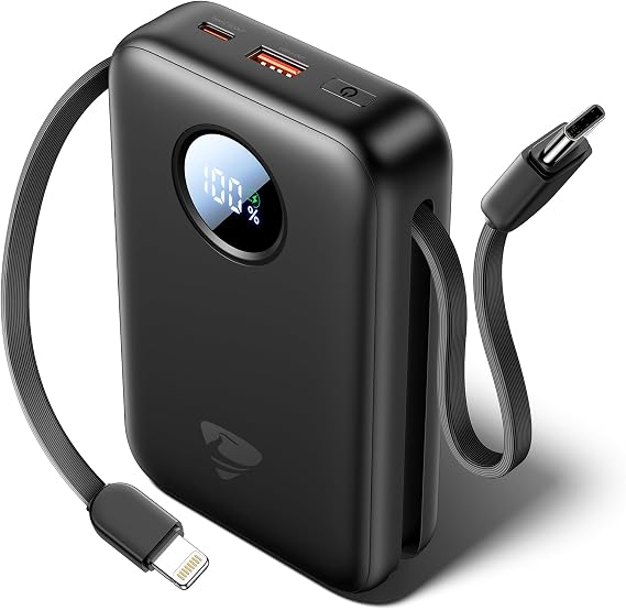 Aioneus Power Bank 20000 mAh 35 W USB-C PD Fast Charging Function Power Bank with Integrated Cables (USB-C & Lightning) LED Display External Mobile Phone Batteries Compatible with iPhone Samsung iPad Laptop