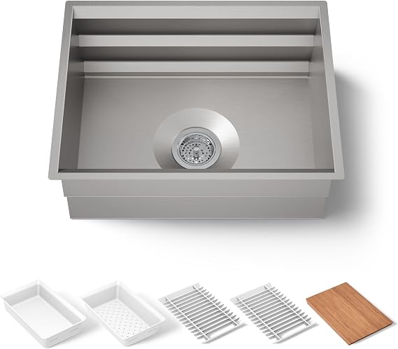 KOHLER Prolific 23 Inch Workstation Stainless Steel Single Bowl Kitchen Sink with Included Accessories, 10 Inches Deep, 18 Gauge, Undermount Kitchen Sink, K-23650-NA