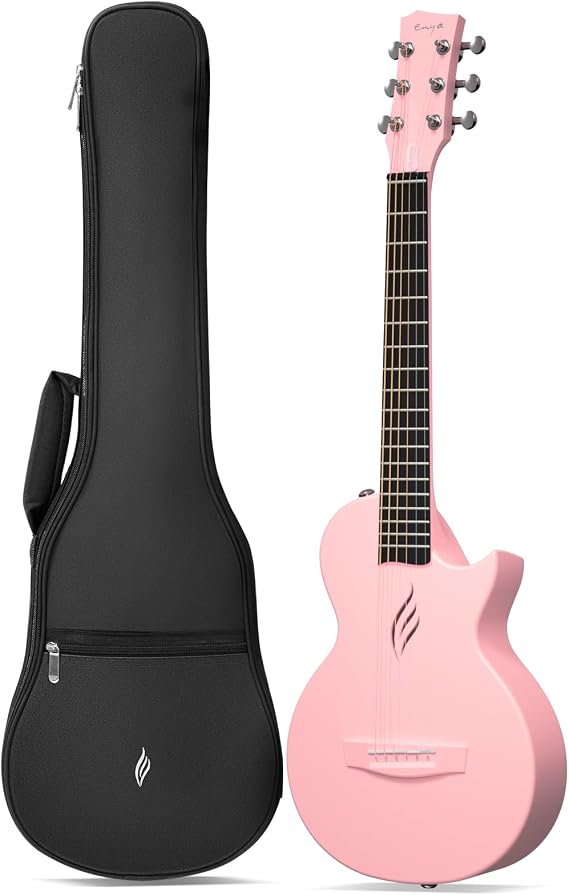 Enya Nova Go Mini Carbon Fiber Acoustic Guitar 1/4 Size Travel Acustica Guitarra w/Beginner Kids Starter Bundle Kit of Thickened Gig Bag, Adjusting Wrench(Pink)