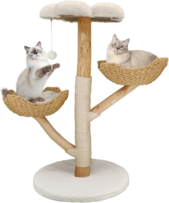 BingoPaw Wood Cat Climbing Tree: Modern Indoor Cat Tree Activity Tower with Plush Cushion Sisal Scratching Post Cozy Kitten Play House for Multiple Cats 60x60x111Hcm
